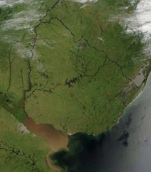A satellite image of Uruguay
