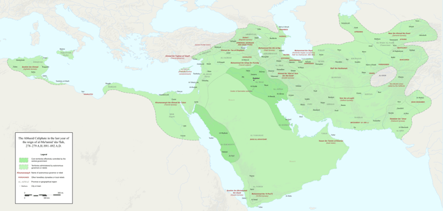 Map of the fragmented Abbasid empire, with areas still under direct control of the Abbasid central government (dark green) and under autonomous rulers (light green) adhering to nominal Abbasid suzerainty, c. 892