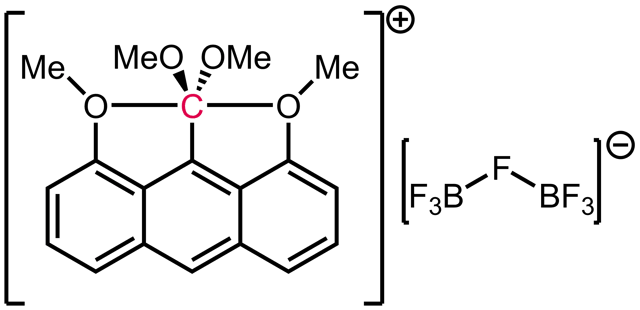 This anthracene derivative contains a carbon atom with 5 formal electron pairs around it.
