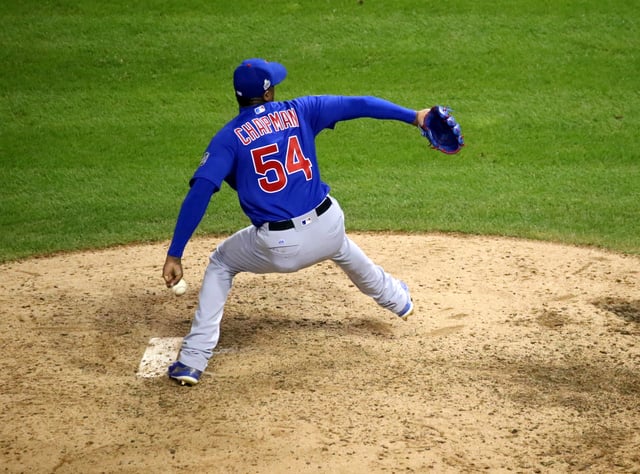 Chapman pitching for the Chicago Cubs in Game 7 of the 2016 World Series