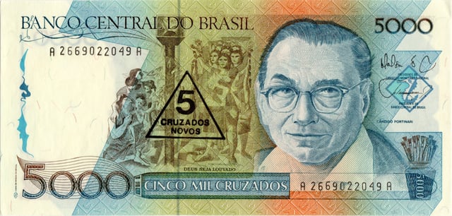 When Brazil changed currencies in 1989, the 1000, 5000, and 10,000 cruzados banknotes were overstamped and issued as 1, 5, and 10 cruzados novos banknotes for several months before novo cruzado banknotes were printed and issued. Banknotes can be overstamped with new denominations, typically when a country converts to a new currency at an even, fixed exchange rate (in this case, 1000:1).