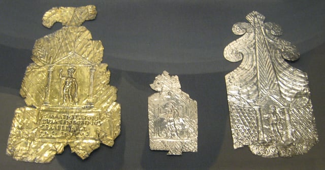 Votive plaque inscribed to Mars Alator (left), with two votives for Vulcan, from the Barkway hoard, Roman Britain