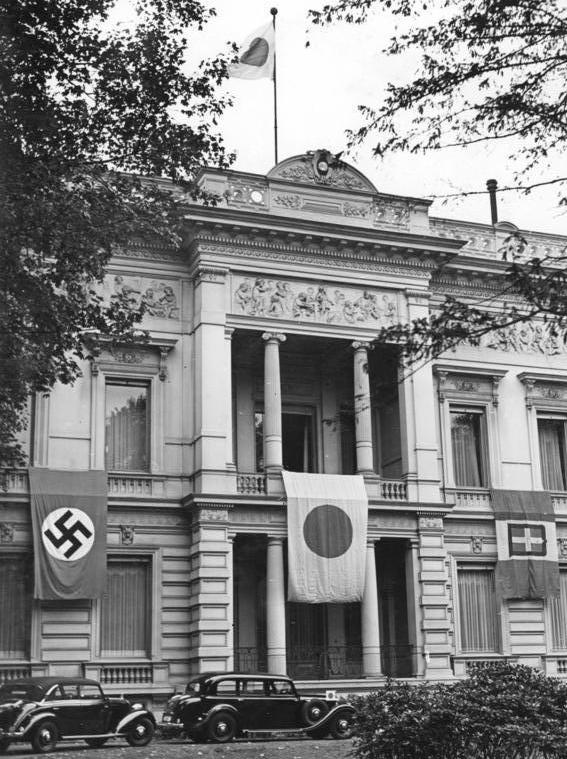 Flags of Germany, Japan, and Italy draping the facade of the Embassy of Japan on the Tiergartenstraße in Berlin (September 1940)