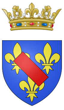Arms of the Prince of Condé showing the lilies of France and the red bend of the Dukes of Bourbon. The coronet shows his rank as a prince of the blood royal of France.