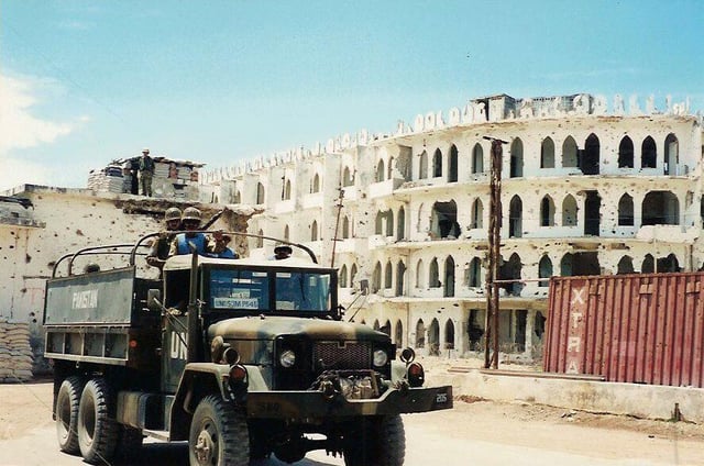 The Pakistan Army's troops, as part of their deployment in Somalia, patrolling off their mission in the Mogadishu in Somalia in 1993.