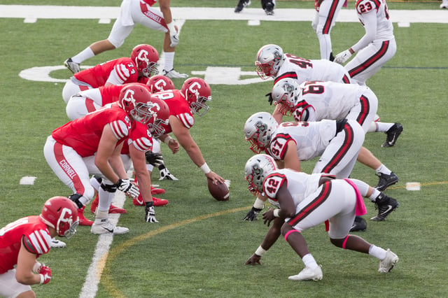 Brown (right) plays at Cornell's Homecoming game, October 2017.