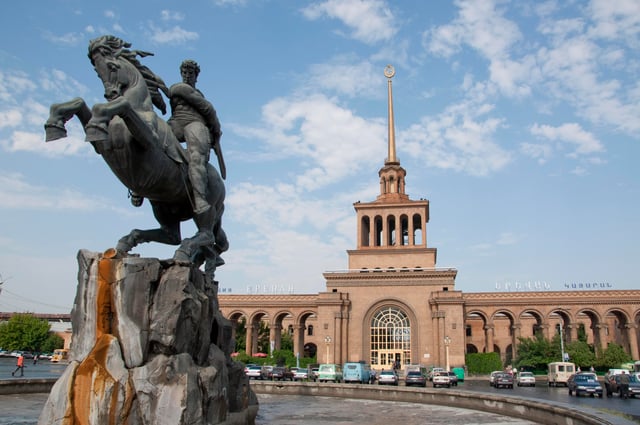 Yerevan railway station, with the statue of David of Sassoun