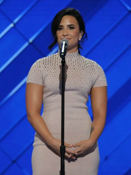 Lovato speaking at the 2016 Democratic National Convention in Philadelphia on July 25, 2016