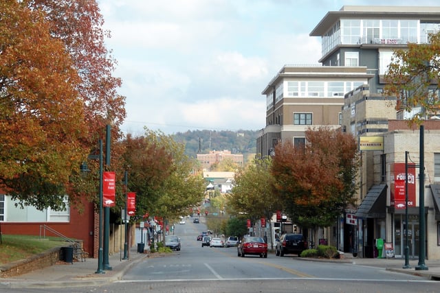 Looking down Dickson Street, the primary entertainment district in Fayetteville.