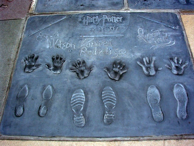 Handprints, shoe-prints and wand prints of (from left to right) Watson, Radcliffe, Grint, at TCL Chinese Theatre in 2007
