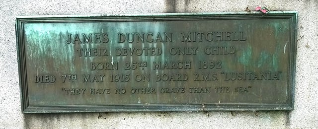 James Duncan Mitchell, died on the Lusitania in 1915, interred at Western Cemetery, Dundee.