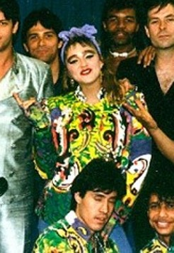 Madonna with her crew on The Virgin Tour, 1985