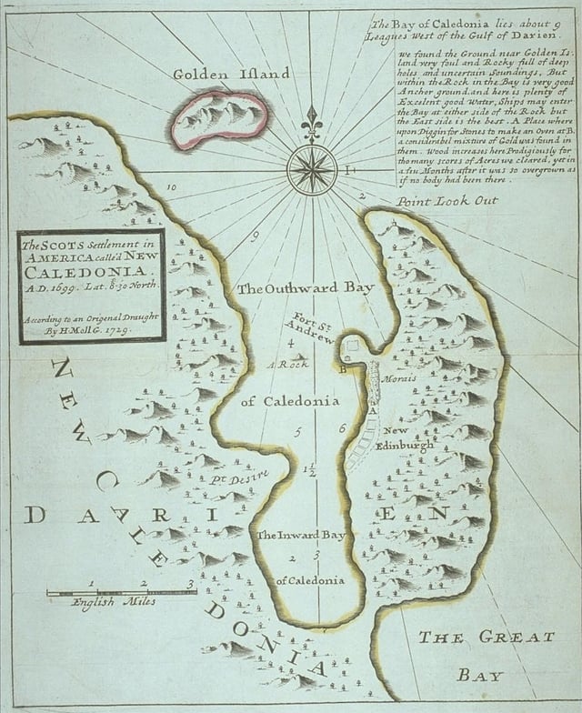 "New Caledonia", the ill-fated Scottish Darien scheme colony in the Bay of Caledonia, west of the Gulf of Darien