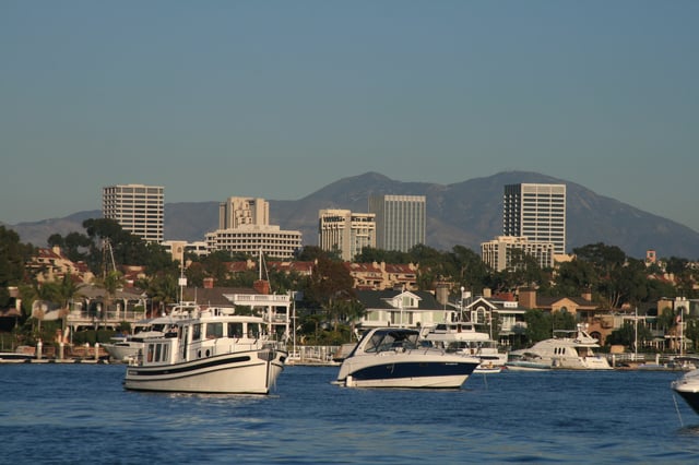 View of Newport Center and the Santa Ana Mountains from Newport Harbor