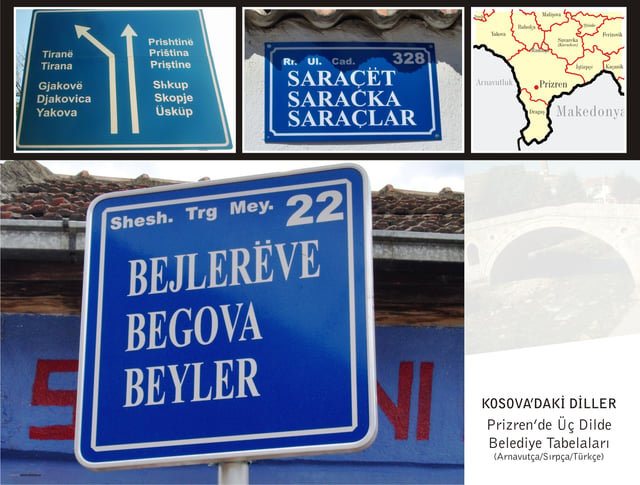 Road signs in Prizren, Kosovo. Official languages are: Albanian (top), Serbian (middle) and Turkish (bottom).