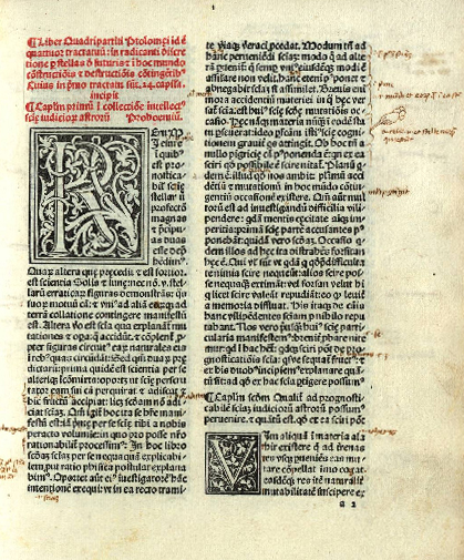 1484 copy of first page of Ptolemy's Tetrabiblos, translated into Latin by Plato of Tivoli