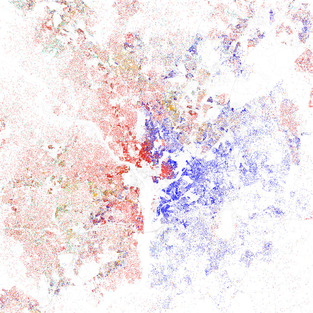 Map of racial distribution in Washington, D.C., 2010 U.S. Census. Each dot is 25 people: White, Black, Asian, Hispanic or Other (yellow)