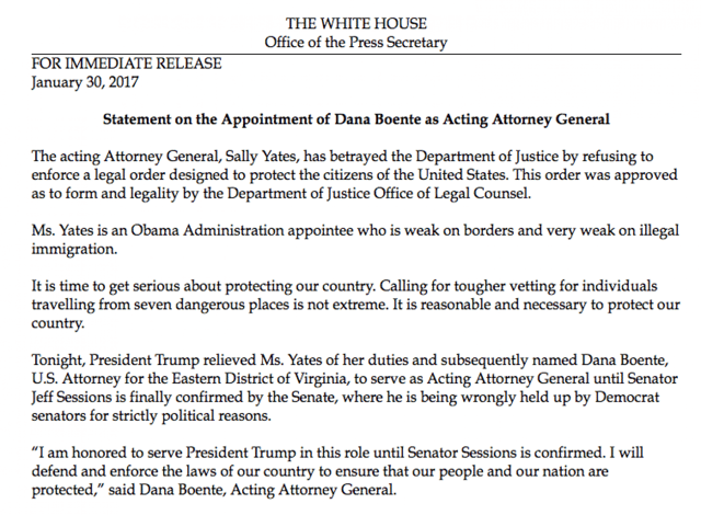 White House press release on the dismissal of Sally Yates