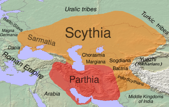 Geographical extent of Iranian influence in the 1st century BC. Scythia (mostly Eastern Iranian) is shown in orange.