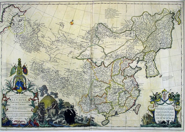 Tibet in 1734. Royaume de Thibet ("Kingdom of Tibet") in la Chine, la Tartarie Chinoise, et le Thibet ("China, Chinese Tartary, and Tibet") on a 1734 map by Jean Baptiste Bourguignon d'Anville, based on earlier Jesuit maps.