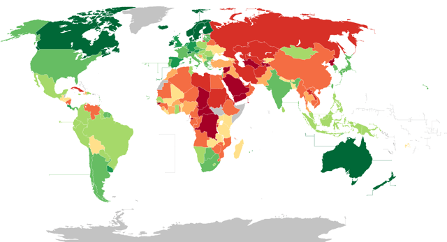 Most democratic (closest to 10)   Least democratic (closest to 0)  Democracy's de facto status in the world as of 2018, according to Democracy Index by The Economist