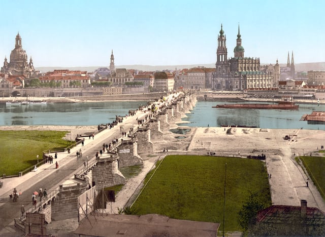 Image of Dresden during the 1890s, before extensive World War II destruction. Landmarks include Dresden Frauenkirche, Augustus Bridge, and Katholische Hofkirche.