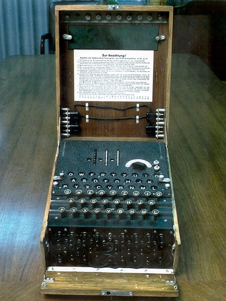 The German military used the Enigma machine (shown here) during World War II for communications they wanted kept secret. The large-scale decryption of Enigma traffic at Bletchley Park was an important factor that contributed to Allied victory in WWII.
