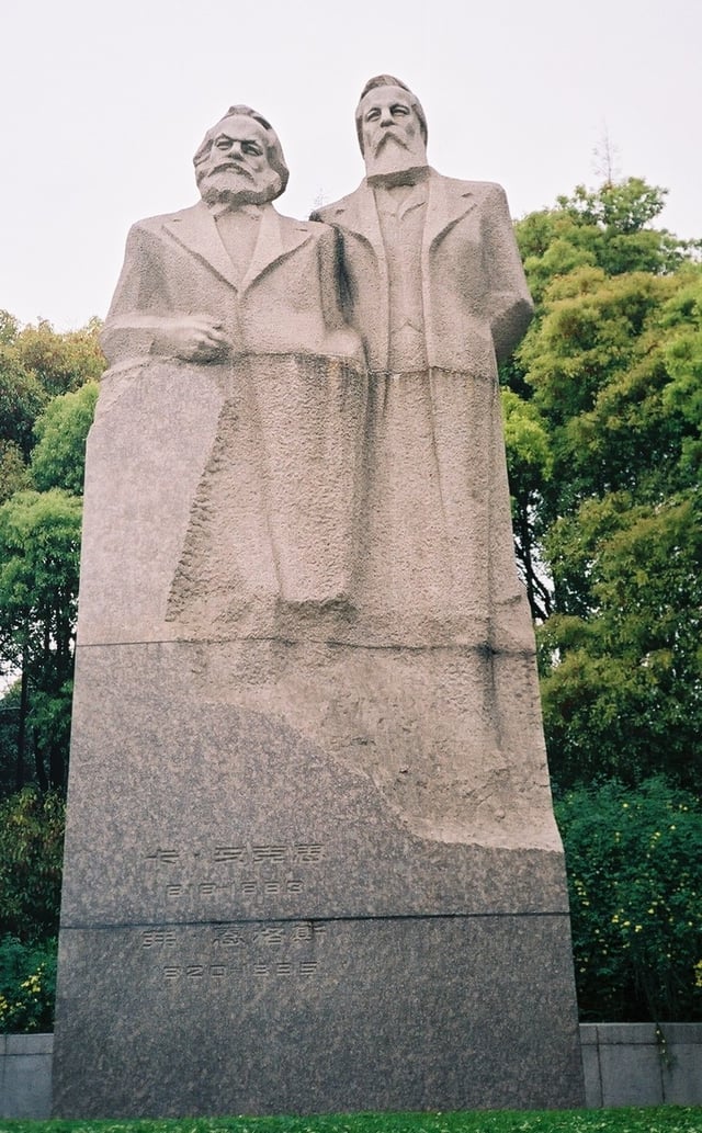 A monument dedicated to Karl Marx (left) and Friedrich Engels (right) in Shanghai, China