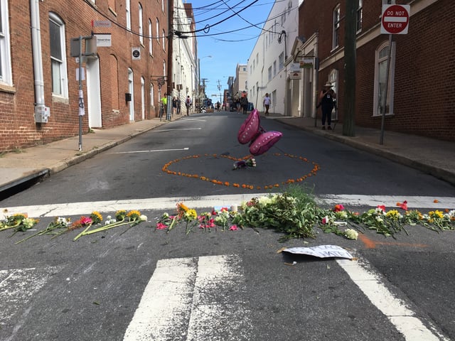 Memorial for Heather Heyer at the site of her death during the Unite the Right rally. Anglin's mocking of her death led to The Daily Stormer being removed by several domain registrars.