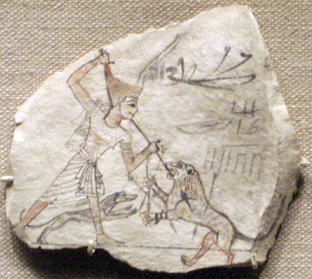 Ostraca of hunting a lion with a spear, aided by a dog