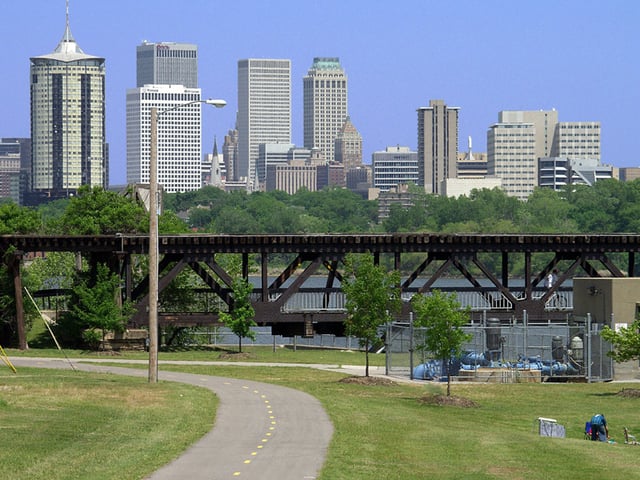 The river parks trail system traverses the banks of the Arkansas River.