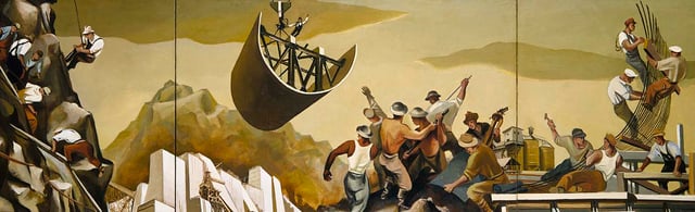 The federal government commissioned a series of public murals from the artists it employed: William Gropper's Construction of a Dam (1939) is characteristic of much of the art of the 1930s, with workers seen in heroic poses, laboring in unison to complete a great public project