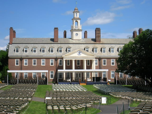 Archbold, built 1928, designed by Ralph Adams Cram. The facade and lawn as shown are set up for the annual graduation ceremony.