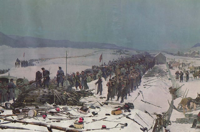 The French Army of the East is disarmed at the Swiss border in this 1881 depiction