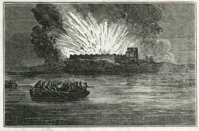The destruction of Fort Barrancas by the British as they withdraw from Pensacola, November 1814.