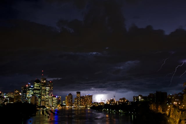 A spring storm with lightning over the central business district