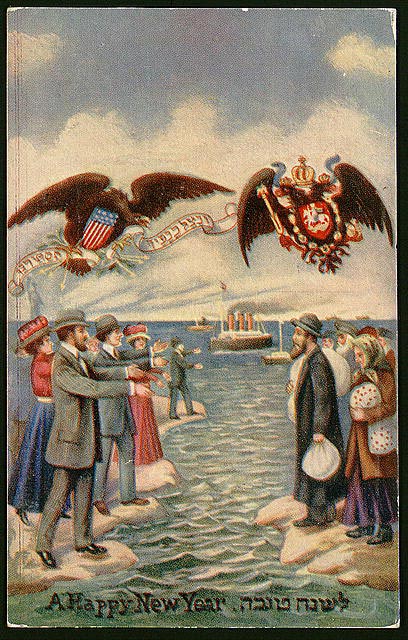 In this Rosh Hashana greeting card from the early 1900s, Russian Jews, packs in hand, gaze at the American relatives beckoning them to the United States. Over two million Jews fled the pogroms of the Russian Empire to the safety of the U.S. between 1881 and 1924.