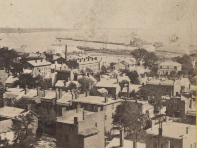 New Haven's harbor and long wharf as seen from Depot Tower, ca. 1849