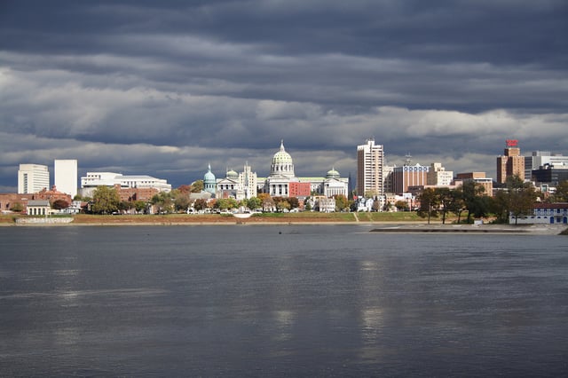 Harrisburg, with the state capitol dome, as viewed from across the Susquehanna River in Wormleysburg