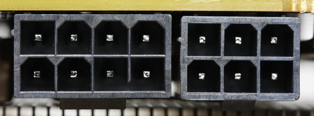8-pin (left) and 6-pin (right) power connectors used on PCI Express cards
