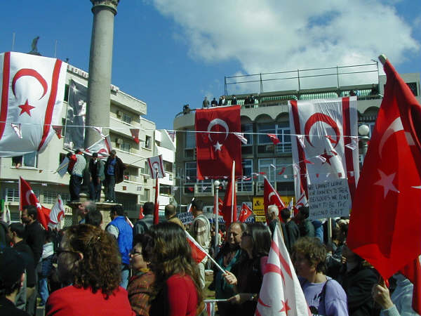 Atatürk Square, North Nicosia in 2006, with the Northern Cyprus and Turkish flags.