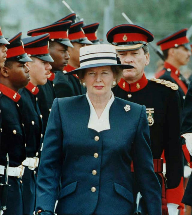 Thatcher reviewing the Royal Bermuda Regiment in early 1990