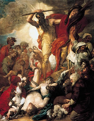 Moses lifts up the brass serpent, curing the Israelites from poisonous snake bites in a painting by Benjamin West