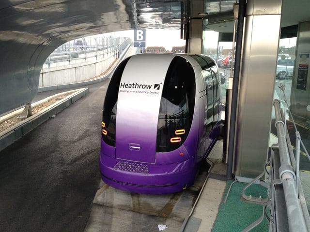 An ULTra personal rapid transit vehicle at the T5 business car park