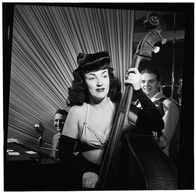 Double bass player Vivien Garry playing a show in New York City in 1947.