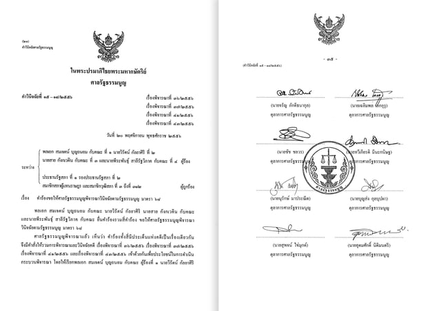 The first and last pages of the Constitutional Court's decision with the signatures of the judges