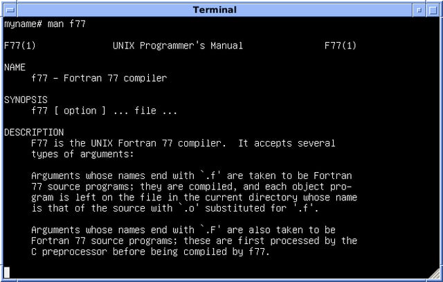4.3 BSD for the Digital Equipment Corporation (DEC) VAX, displaying the manual for FORTRAN 77 (f77) compiler