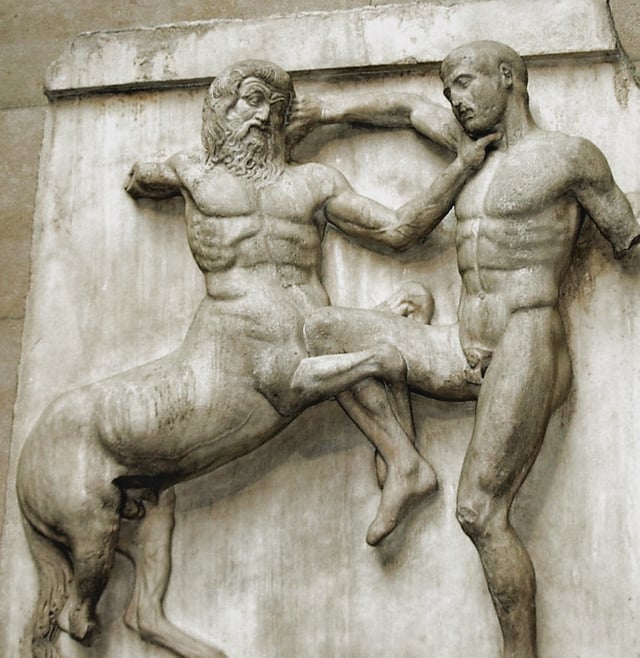 High relief metope from the Classical Greek Elgin Marbles. Some front limbs are actually detached from the background completely, while the centaur's left rear leg is in low relief.
