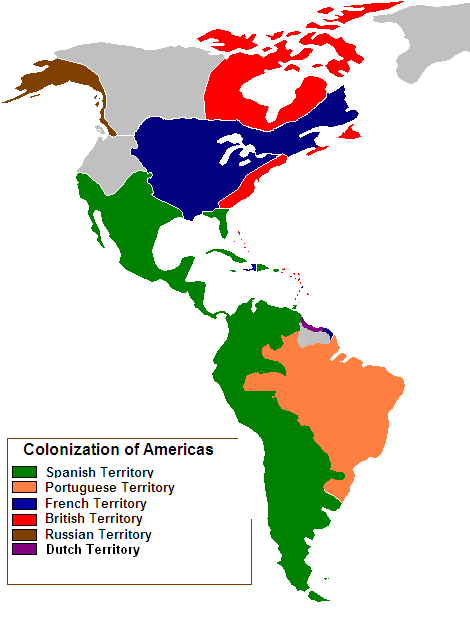 Map indicating the territories colonized by the European powers over the Americas in 1750 (mainly Spain, Portugal and France at the time).