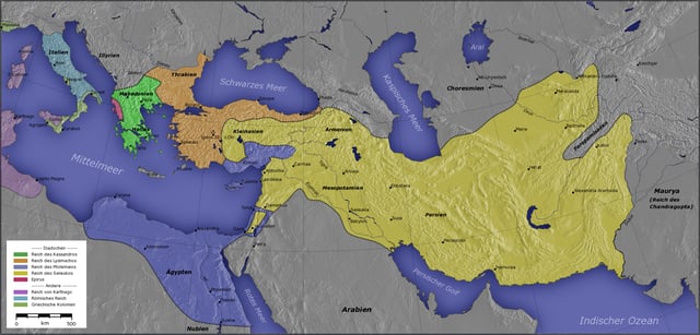 The Greek-ruled Seleucid Empire (in yellow) with capital in Seleucia on the Tigris, north of Babylon.
